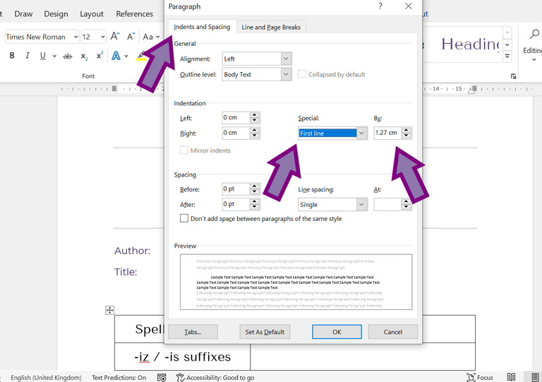 Paragraph settings window